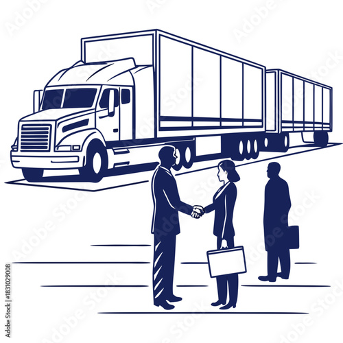 Business people shaking hands in front of a large semi truck and trailer symbolizing logistics and transportation agreement