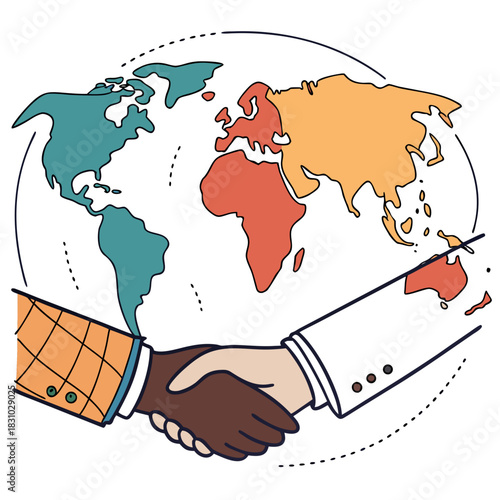 Two hands shaking in front of a colorful world map representing global cooperation and partnership