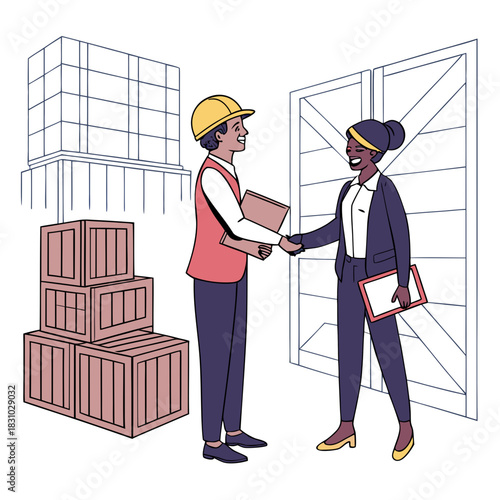 Diverse business professionals shaking hands in a warehouse with shipping crates and cargo doors
