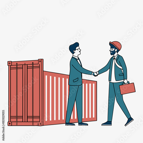 Two businessmen shaking hands next to a large red shipping container symbolizing a successful logistics deal