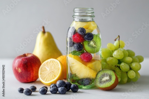 Fresh fruit-infused water in a glass bottle surrounded by various fruits on a neutral background