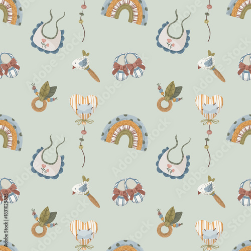 Baby toys and carriage seamless pattern, hand-drawn vector background with cute cat toy, stroller, rattles, and rainbow for nursery decor, greeting cards, and kids design.