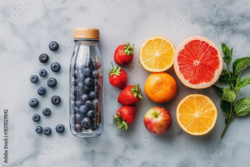 Fresh fruits and berries arranged beside a glass bottle on a marble surface, showcasing vibrant colors