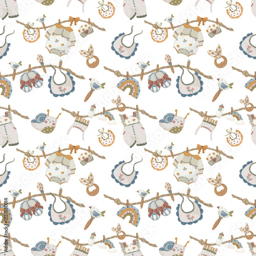 Baby toys and carriage seamless pattern, hand-drawn vector background with cute cat toy, stroller, rattles, and rainbow for nursery decor, greeting cards, and kids design.