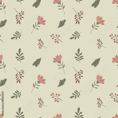 Minimalistic floral seamless pattern, hand-drawn vector background with delicate pink flowers, berries, and leaves in soft pastel colors for fabric, stationery, and wedding design.