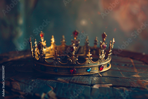 Fantastic beautiful king or queen crown from vivid gold material for coronation, abstract vivid composition consists of fictional unreal fantastic vision on background for diverse creative work