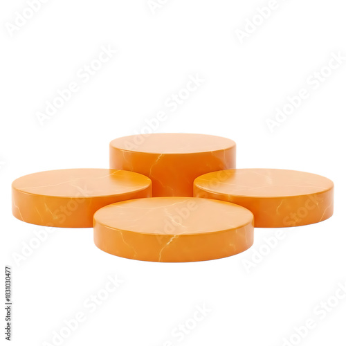 Four orange circular marble podiums arranged against a transparent background
