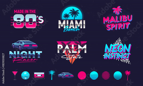 Retro 80s design set with neon elements to create your own design. Print for t-shirt, banner, poster, cover, badge and label. Retro 80's typography design. Vector illustration