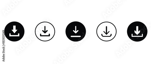 Download icon. Round down arrow. Download icon for apps and websites. Download button. Arrow downloading icon. Download files icon. Vector illustration.