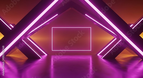 Fototapeta Naklejka Na Ścianę i Meble -  Futuristic neon tunnel with glowing magenta light and central rectangular frame