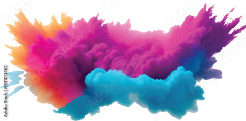 Dynamic Yellow Pink Blue Powder Explosion with Intense Colorful Paint Splash Abstract Burst on White