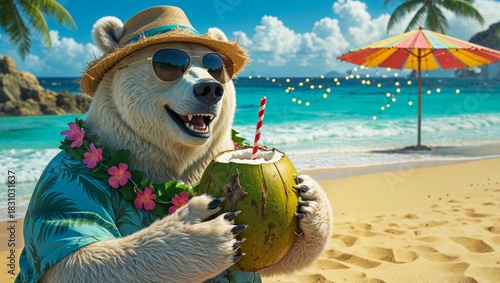 Fototapeta Naklejka Na Ścianę i Meble -  AI-generated image of a Polar bear escaping the cold weather on a tropical beach