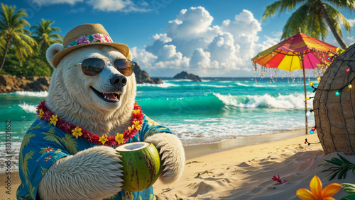 Fototapeta Naklejka Na Ścianę i Meble -  AI-generated image of a Polar bear escaping the cold weather on a tropical beach