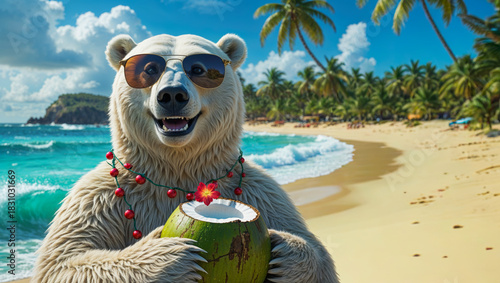 Fototapeta Naklejka Na Ścianę i Meble -  AI-generated image of a Polar bear escaping the cold weather on a tropical beach