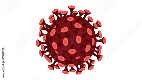 A 3D illustration of a stylized red coronavirus particle
