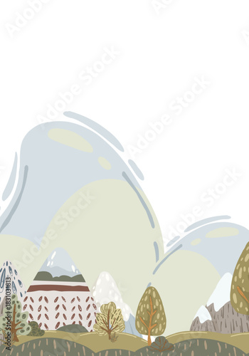 Mountain landscape lower border, hand-drawn vector illustration with abstract trees and hills in muted colors for children’s books, backgrounds, and web design.
