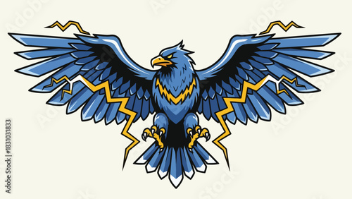 A blue eagle with yellow lightning bolts and sharp talons