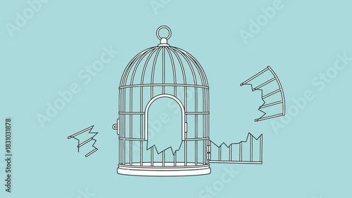 A broken birdcage on a blue background