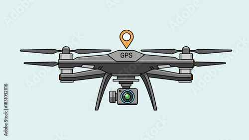 A cartoon drone with a camera and GPS marker