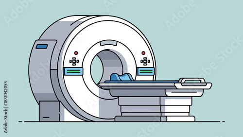 A cartoon illustration of a medical MRI scanner with a patient bed
