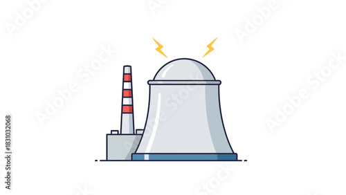 A cartoon illustration of a power plant with a cooling tower