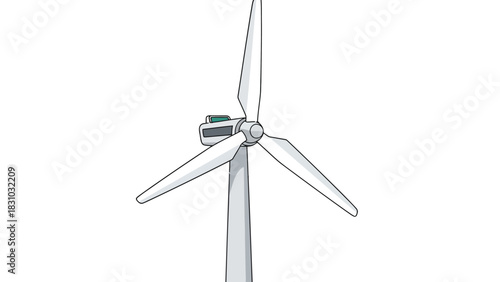A cartoon wind turbine with three white blades against a white background