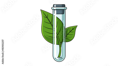 A cartoon test tube filled with liquid and a plant sprout