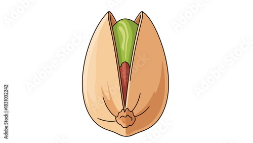 A cartoonstyle pistachio nut with a tan shell and a vibrant green kernel