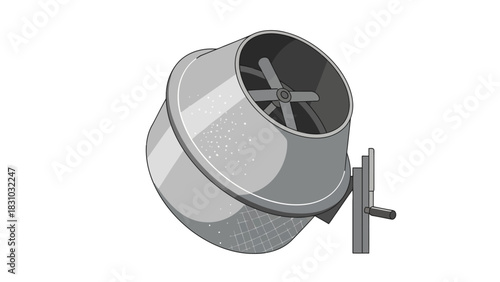 A cement mixer with internal blades and a crank is depicted on a white background