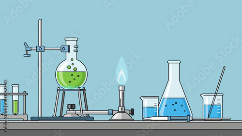 A chemistry lab setup with glassware and equipment