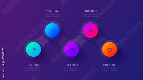 Dark Gradient Process Circles Infographic. Modern Vector Flow Diagram for Business Workflow and Corporate Data Visualization with 5 Steps or Options
