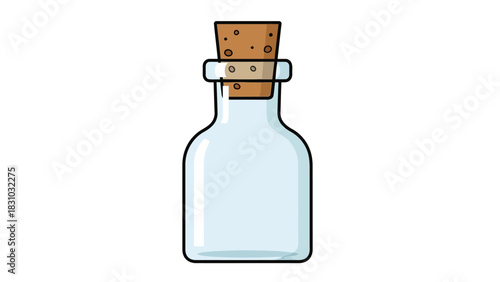 A clear glass bottle with a cork stopper