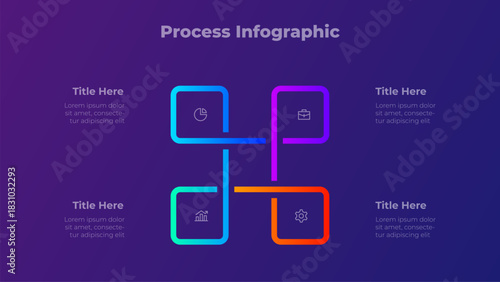 Dark Gradient Square Process Infographic. Vector Diagram for Corporate Workflow, Sequence Planning and Data Visualization with 4 Steps, Options or Processes