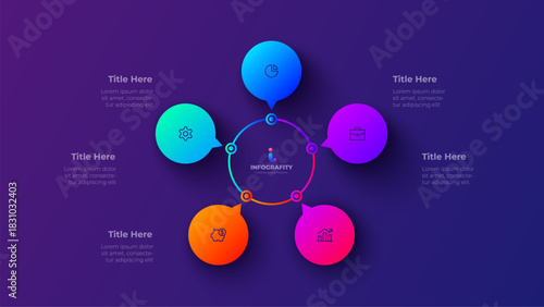 5 Steps circular workflow infographic diagram. Colorful neon vector business process wheel for planning presentation