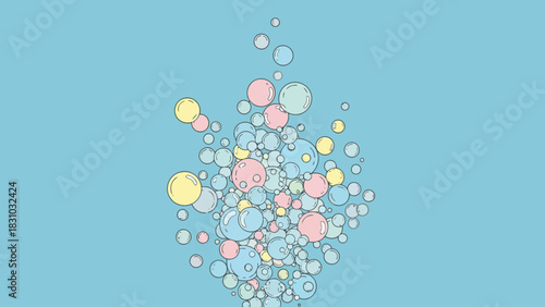 A collection of colorful bubbles in various sizes on a blue background