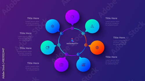 7 Steps neon circular business infographic. Modern gradient vector diagram for process workflow and planning
