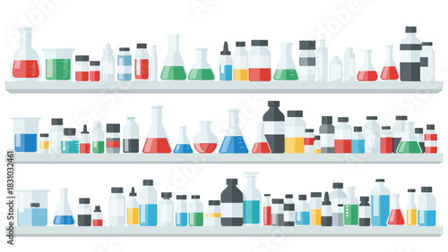 A collection of laboratory glassware and bottles on shelves