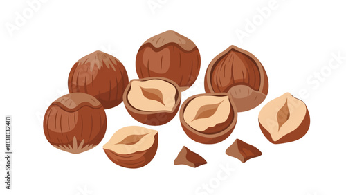 A collection of whole and halved hazelnuts scattered on a white background