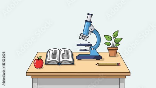 A desk with scientific equipment and supplies