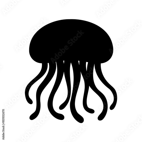 Stylized black silhouette of a jellyfish with flowing tentacles on white background