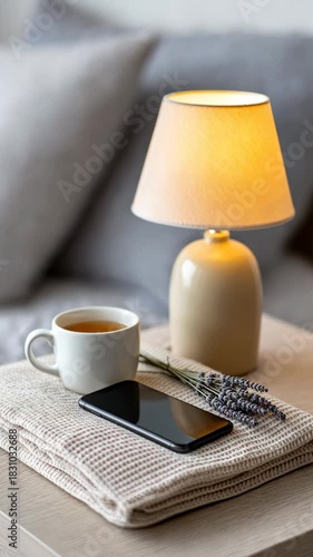 Cozy living room ambiance with lamp light, cup of tea, and smartphone on soft blanket