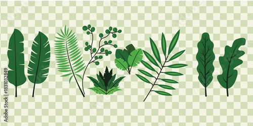 Tropical Green Leaves Vector Set, Palm and Banana Foliage Collection