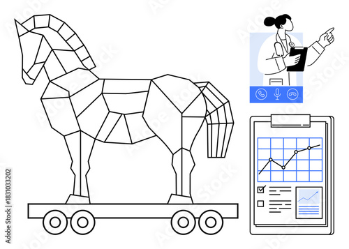 Polygonal Trojan horse on wheels beside video call icon with a doctor advising and healthcare data chart. Ideal for cybersecurity, telemedicine, healthcare analytics, digital risk, strategy