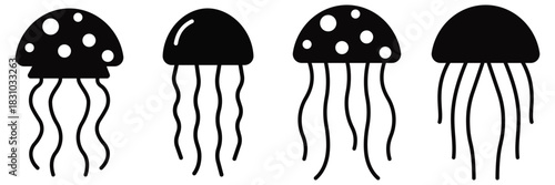 Jellyfish Silhouette Vector Set – Marine Creatures, Ocean Wildlife Icons & Diverse Tentacle
 Shapes