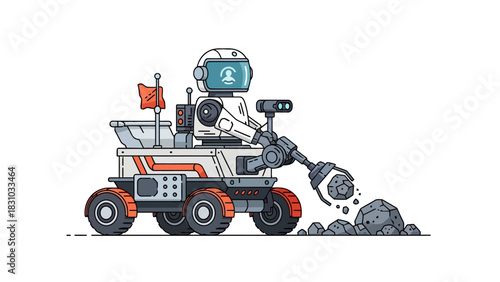 A pixel art robot rover with a claw arm collecting rocks