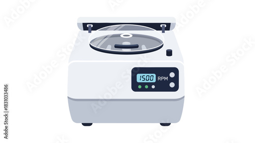 A digital illustration of a white centrifuge with a clear lid and digital display