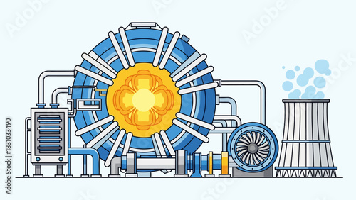 A diagram of a nuclear fusion reactor with a cooling tower