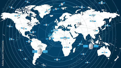 A digital world map with satellite connections and communication stations