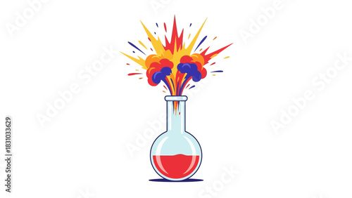 A flask with a red liquid erupts with colorful explosions