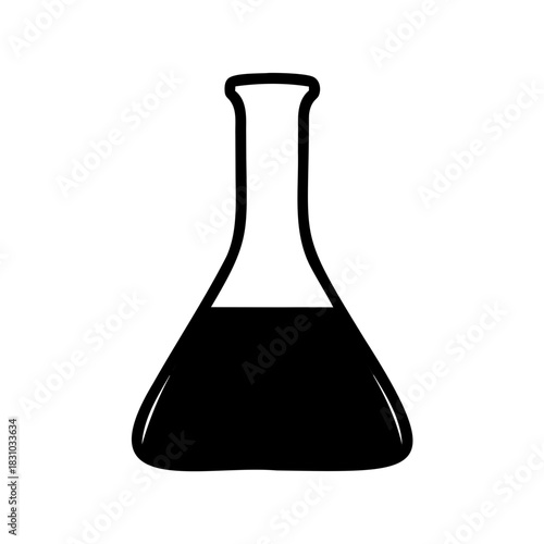 Simple flat icon illustration of a laboratory flask with dark liquid